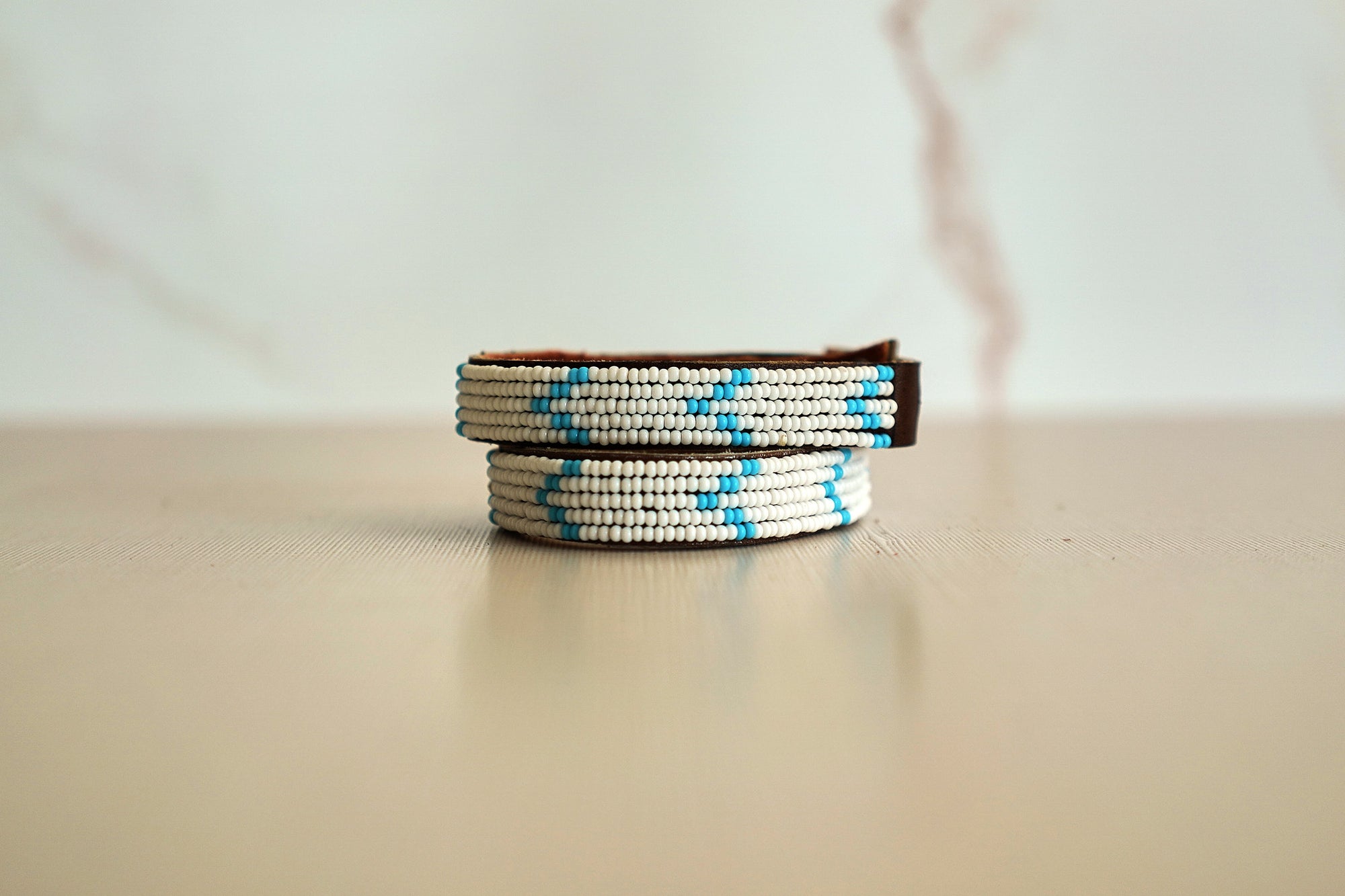 Swahili Coast Beaded Leather Cuffs in Ocean