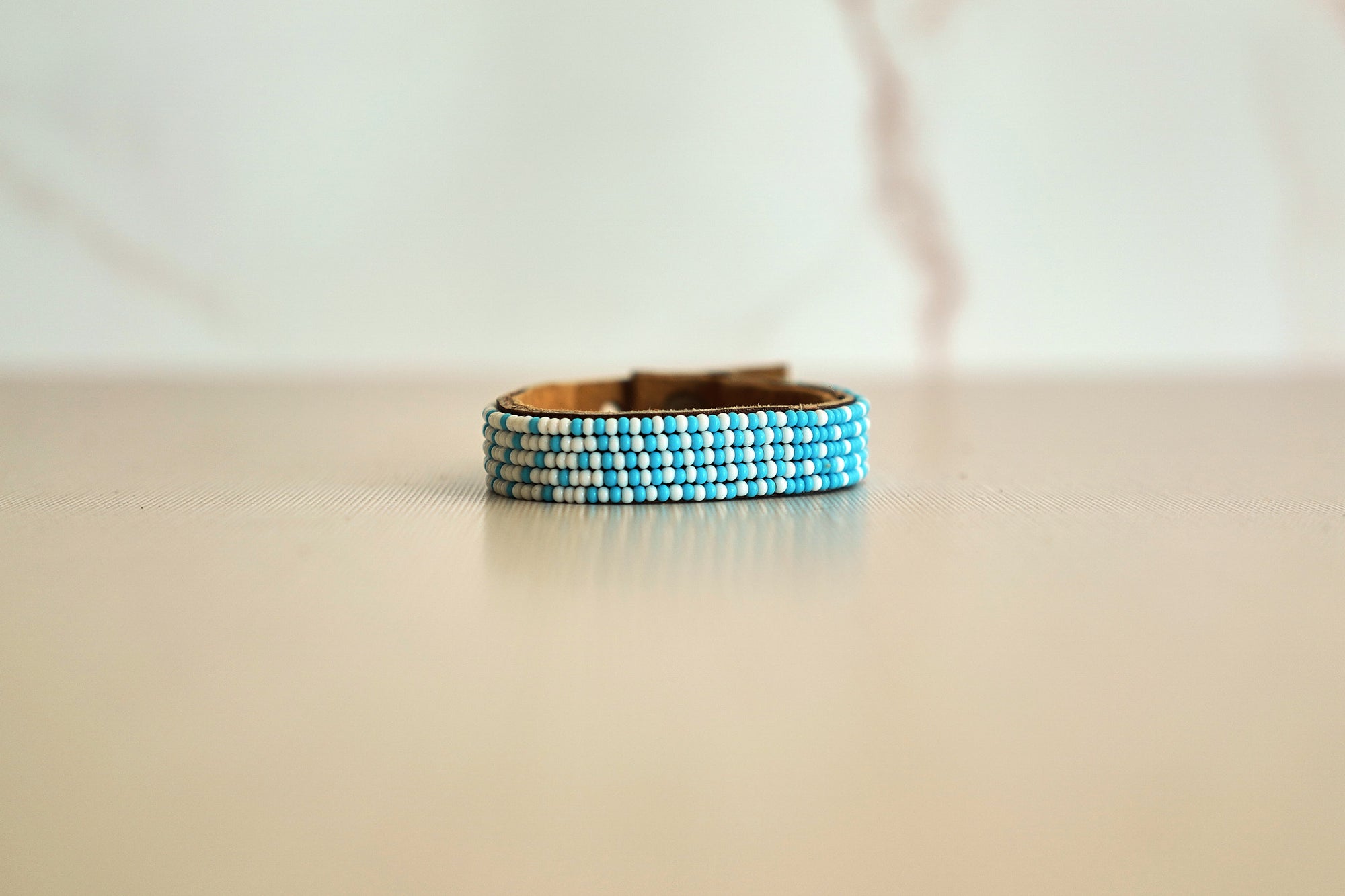 Swahili Coast Beaded Leather Cuffs in Ocean