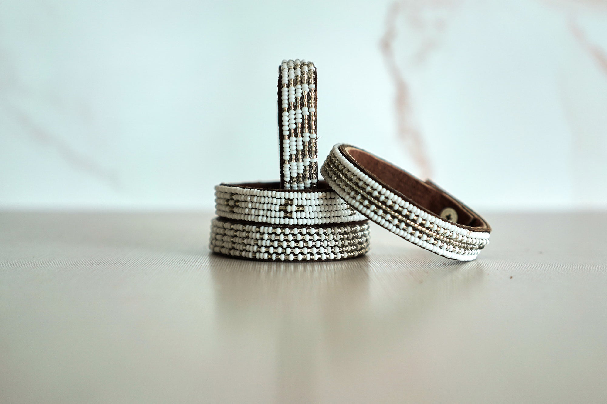 Swahili Coast Beaded Leather Cuffs in White