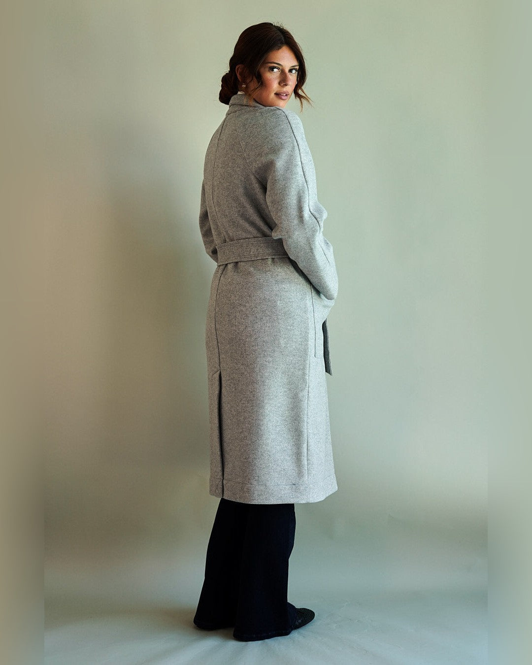 Back view of the light heather grey SoHo Belted Overcoat with the belt tied