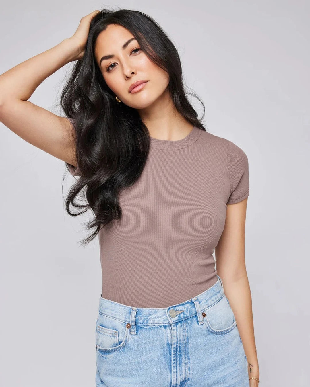 Gentle Fawn Madison fitted T-shirt in mocha tucked into light wash jeans, front view