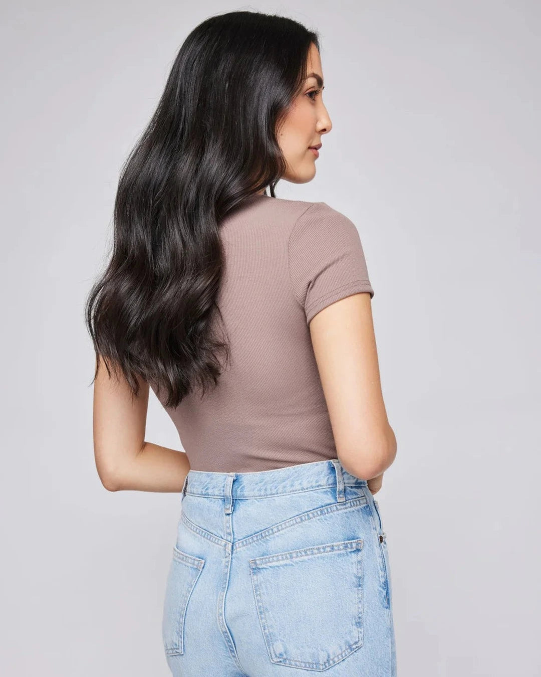 Back view of the Gentle Fawn Madison mocha ribbed tee tucked into light wash jeans