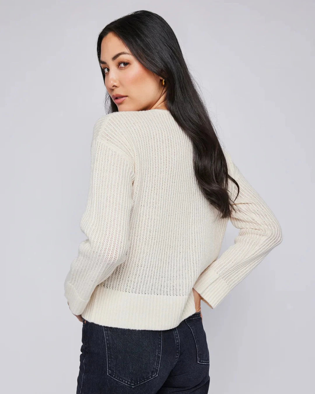 Back view of the Gentle Fawn Ambrose pointelle sweater in cream