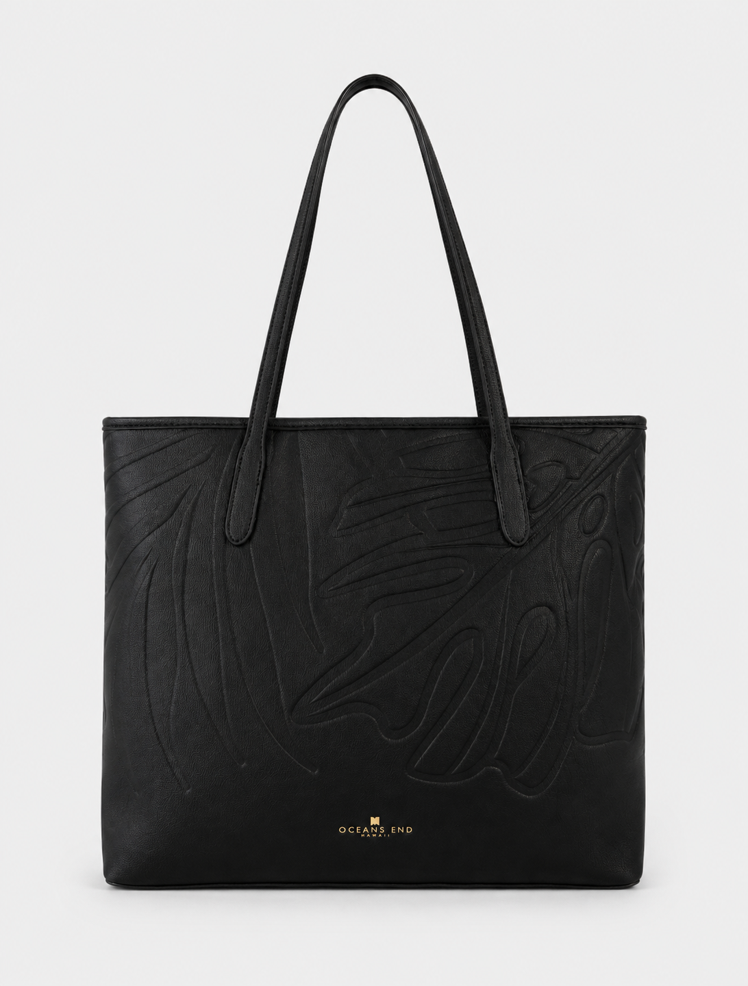 Oceans End Marnie Tote in Onyx with embossed tropical design and long shoulder straps