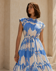 Blue Ikat Print Tiered Maxi Dress