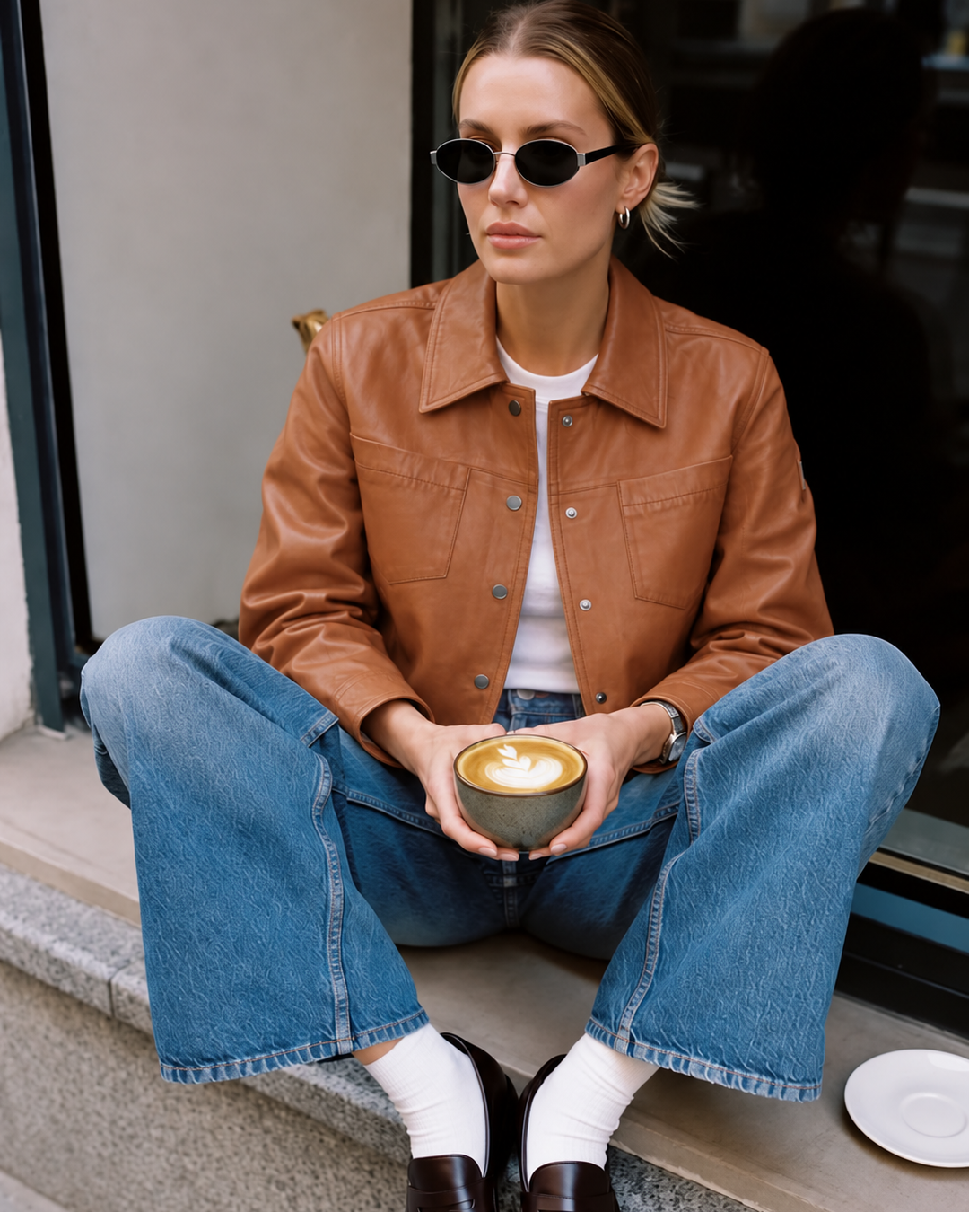 Model seated in the Mauritius Lefei Leather Shirt Jacket in Camel over a white tee with wide leg jeans and dark loafers