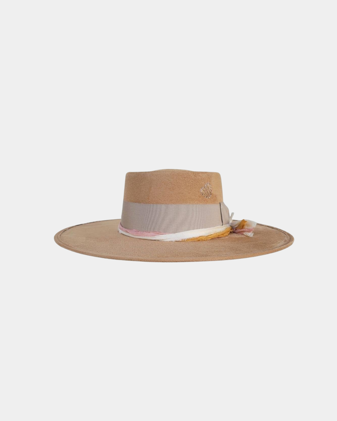 Front view of the Andred Telescope Crown Hat in camel suede.