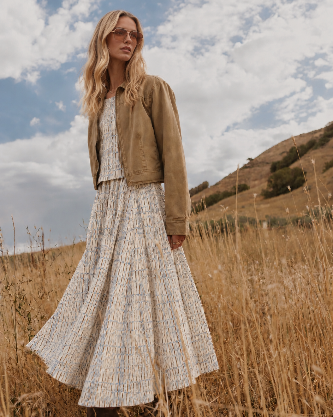 Model wearing the Azure Horizon Top in a blue and ivory print with the matching midi skirt and a tan jacket