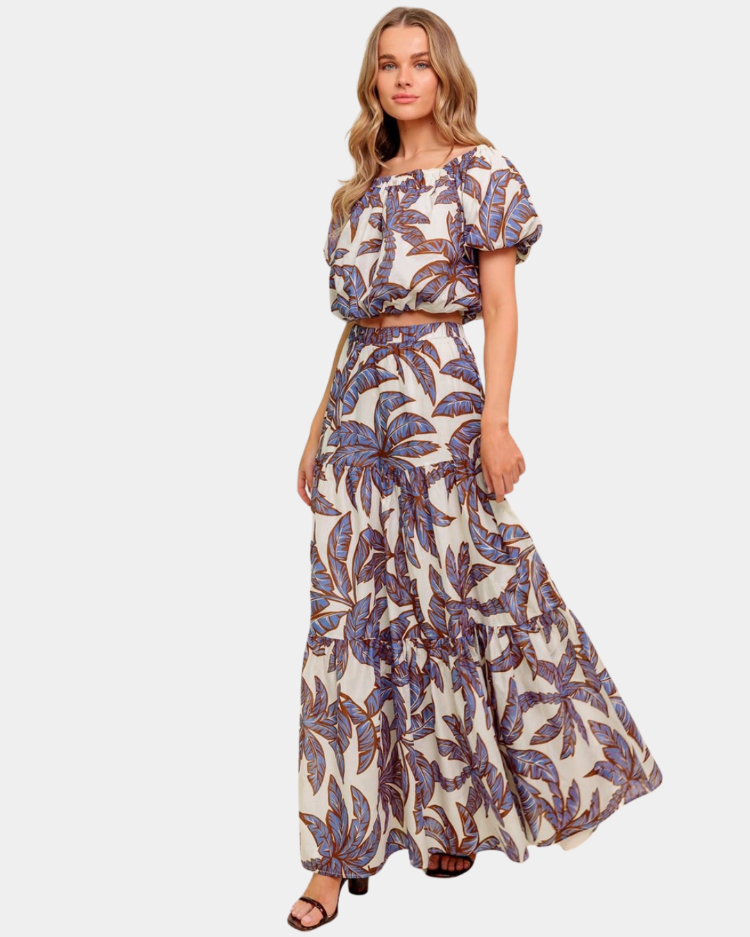Azure Riviera palm blouse styled with matching tiered maxi skirt