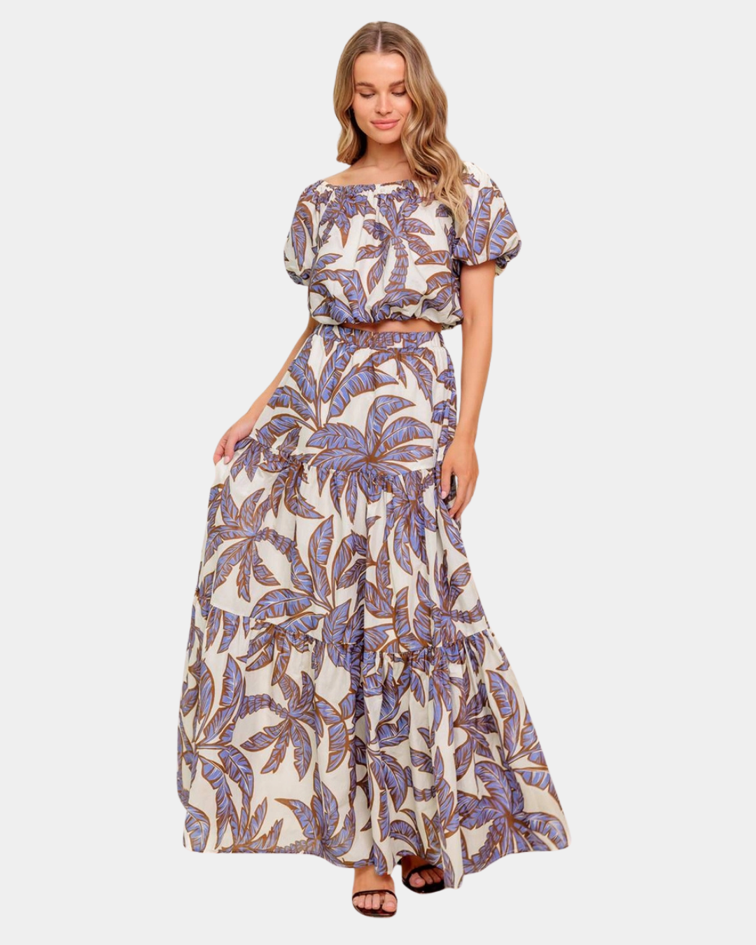 Side view of Azure Riviera palm blouse