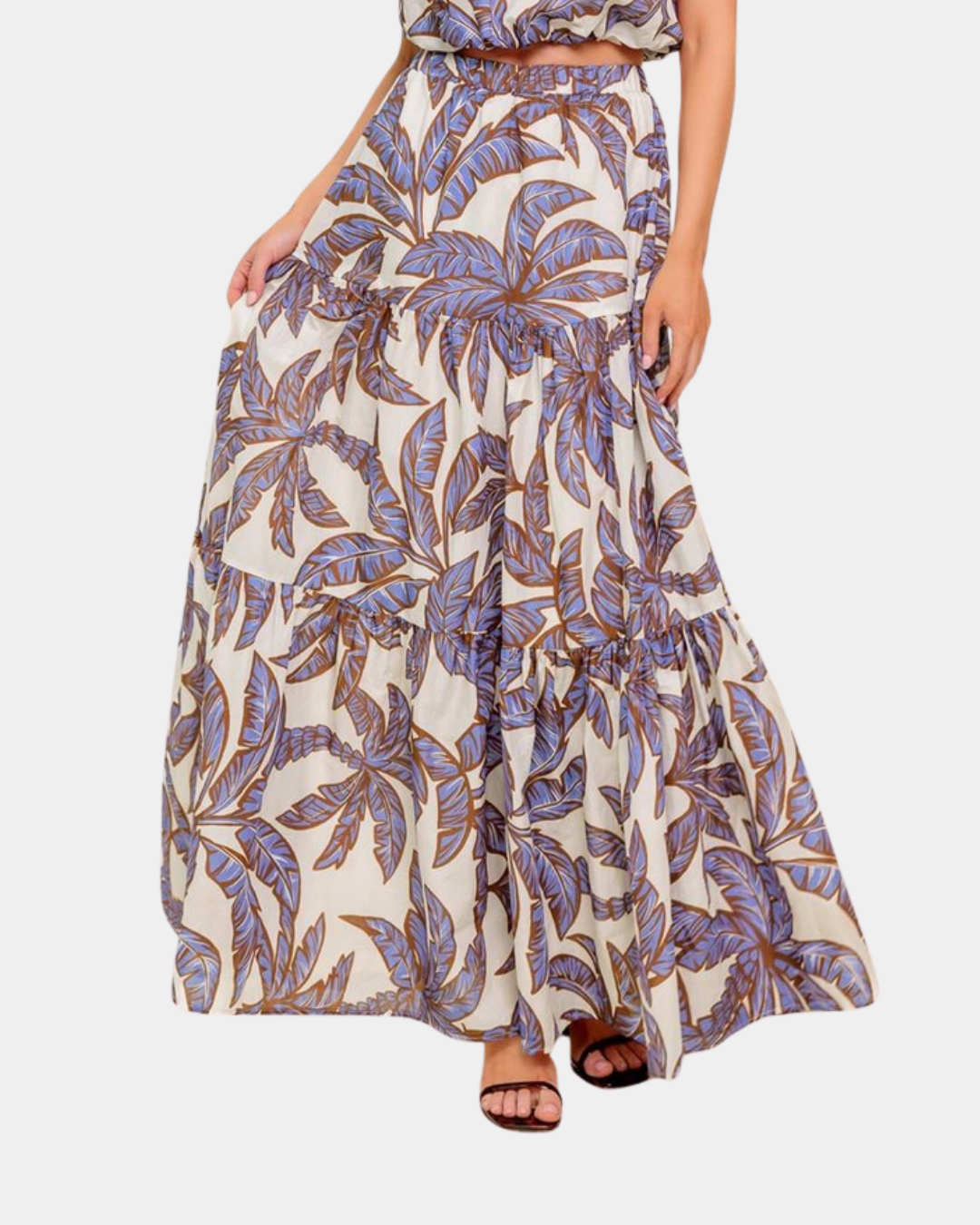 Blue tropical palm print detail on tiered maxi skirt