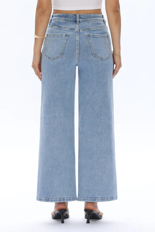 model wearing BAYEAS floral cutout pearl straight-leg jeans full length