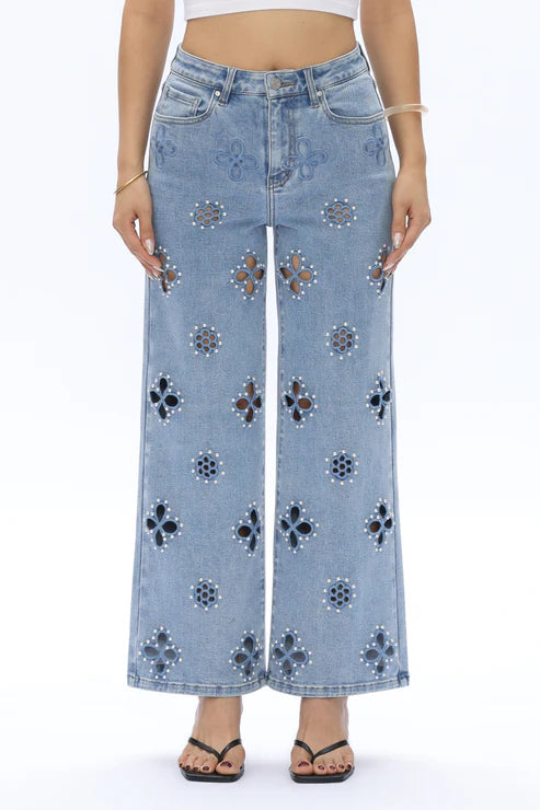 BAYEAS high-rise floral cutout pearl straight-leg jeans front view on model
