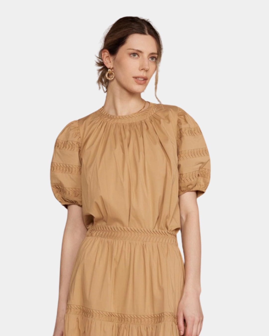 Camel braided puff sleeve blouse with gathered neckline