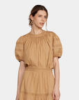 Camel braided puff sleeve blouse with gathered neckline