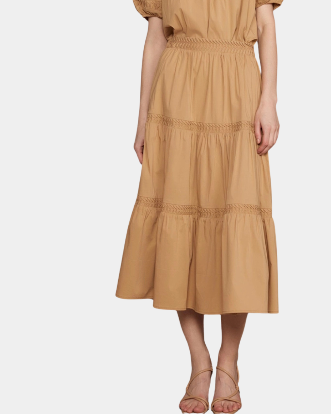 Braided trim detail on camel tiered skirt