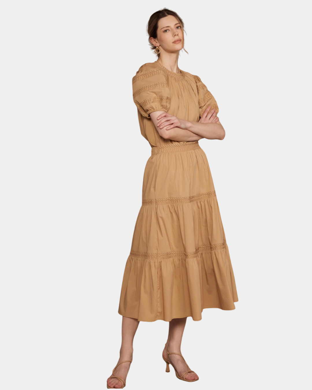 Camel braided tiered midi skirt with high waist