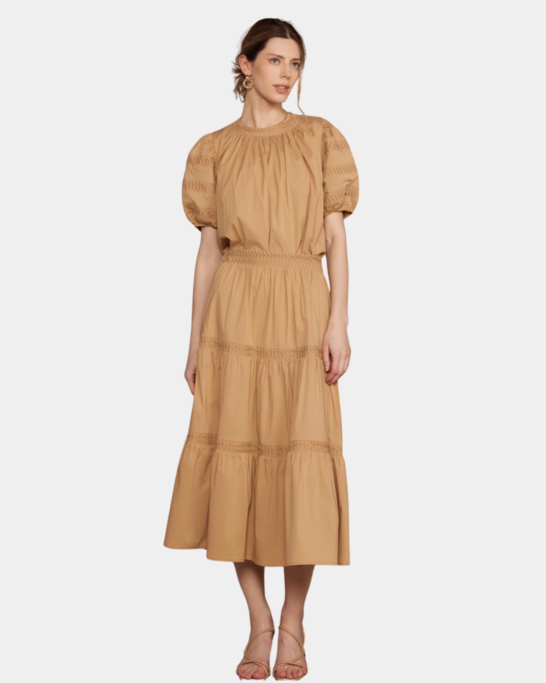 Camel signature blouse and tiered midi skirt styled together