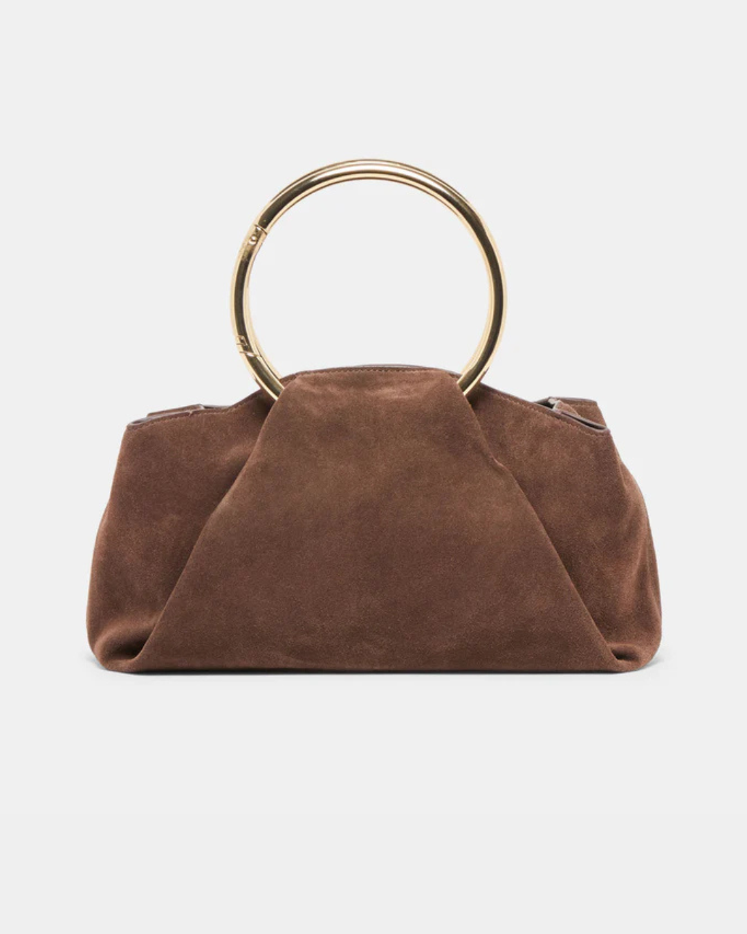Channing suede bag by Dolce Vita featuring a smooth suede finish and gold O-ring detail.