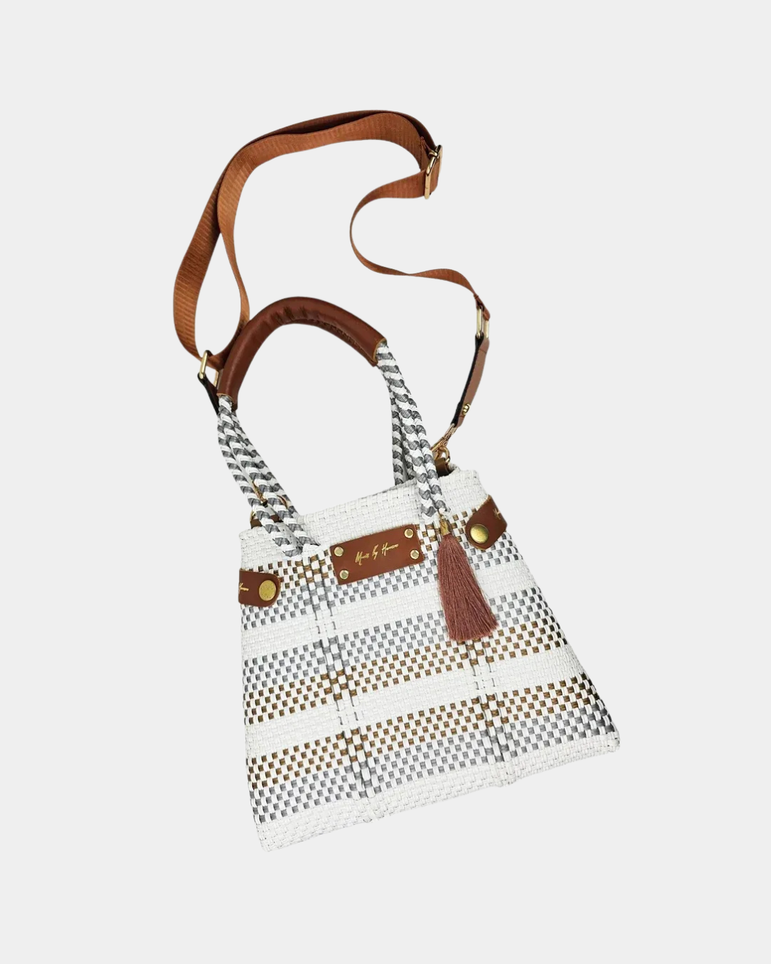 Convertible mini stripe handbag worn as shoulder bag and tote