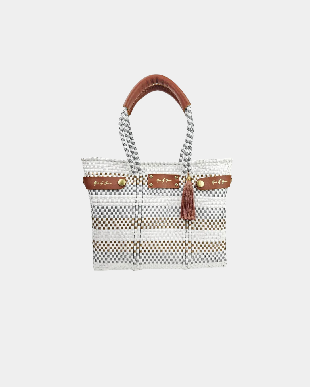 Convertible mini stripe handbag worn as shoulder bag and tote