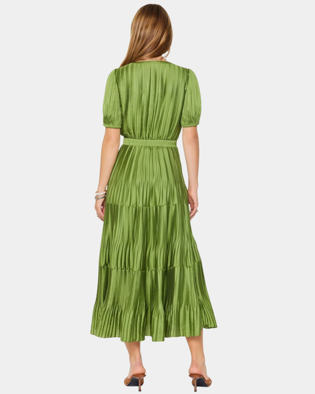 Back view of the Current Air Arden Pleated Midi Dress in Olive