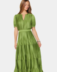 Detail of the Current Air Arden Pleated Midi Dress showing the fine pleating, split neckline and defined waist