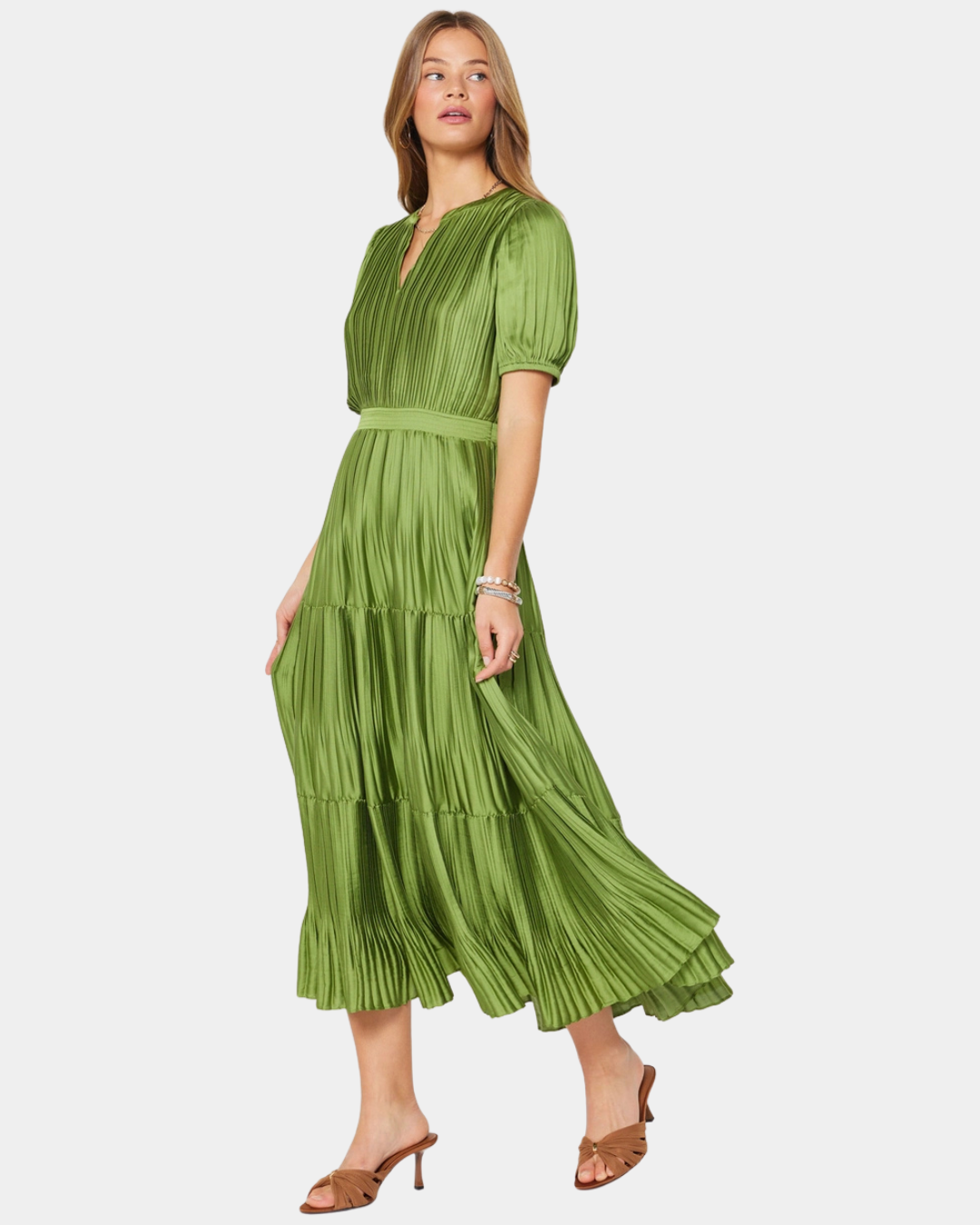 Current Air Arden Pleated Midi Dress in Olive showing the fluid tiered skirt