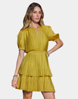 Detail of the Current Air Colette Pleated Mini Dress showing the pleating, split neckline and defined waist