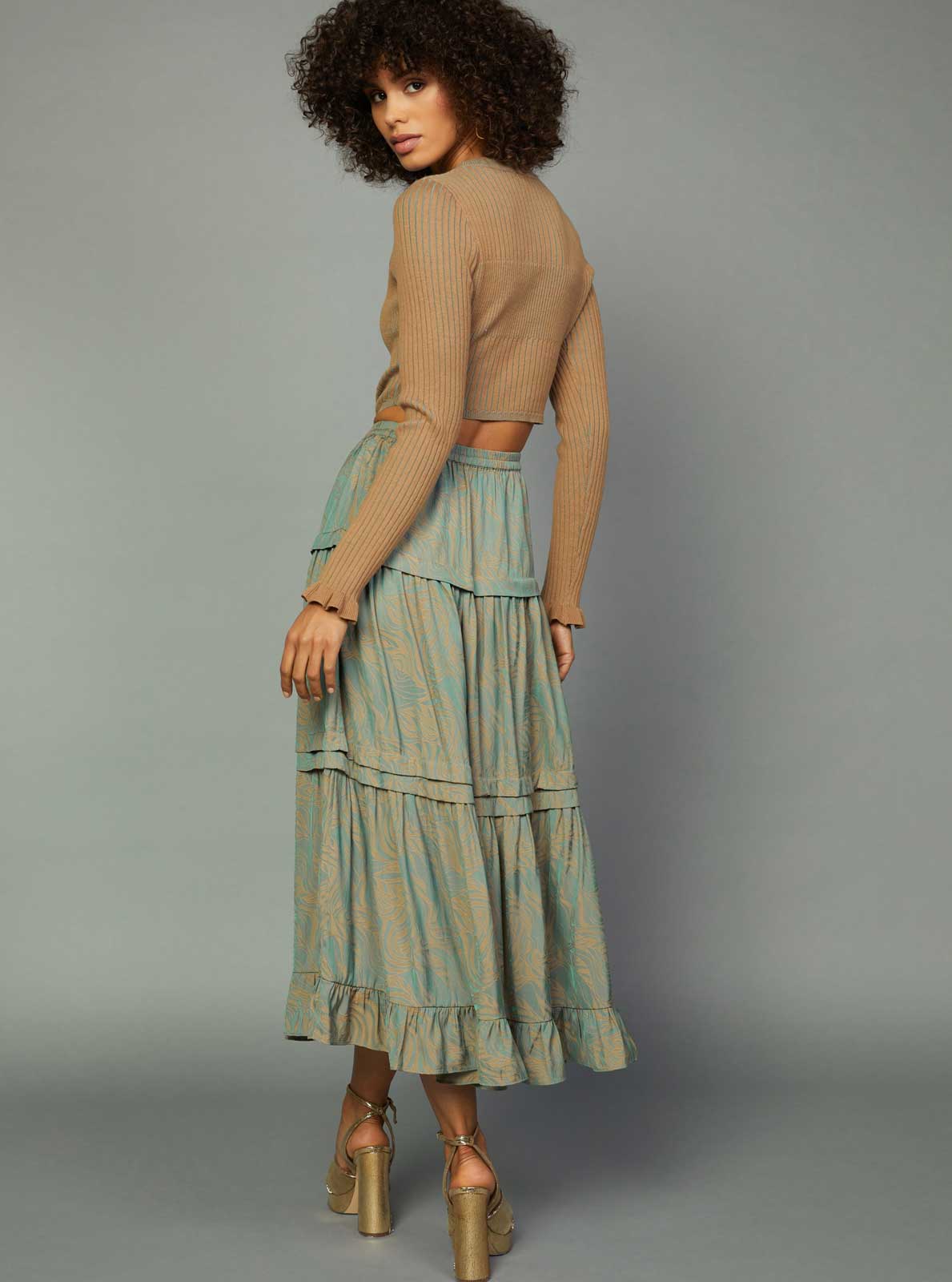 Current Air long sleeve midi dress with ribbed sweater top and tiered skirt