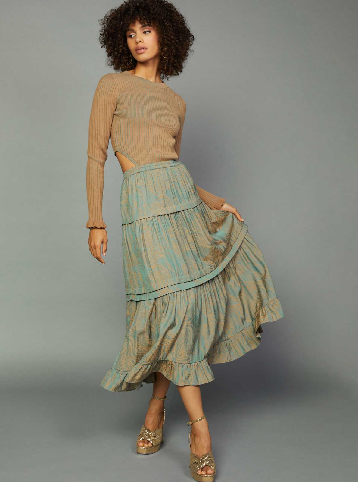 Current Air long sleeve midi dress with ribbed sweater top and tiered skirt