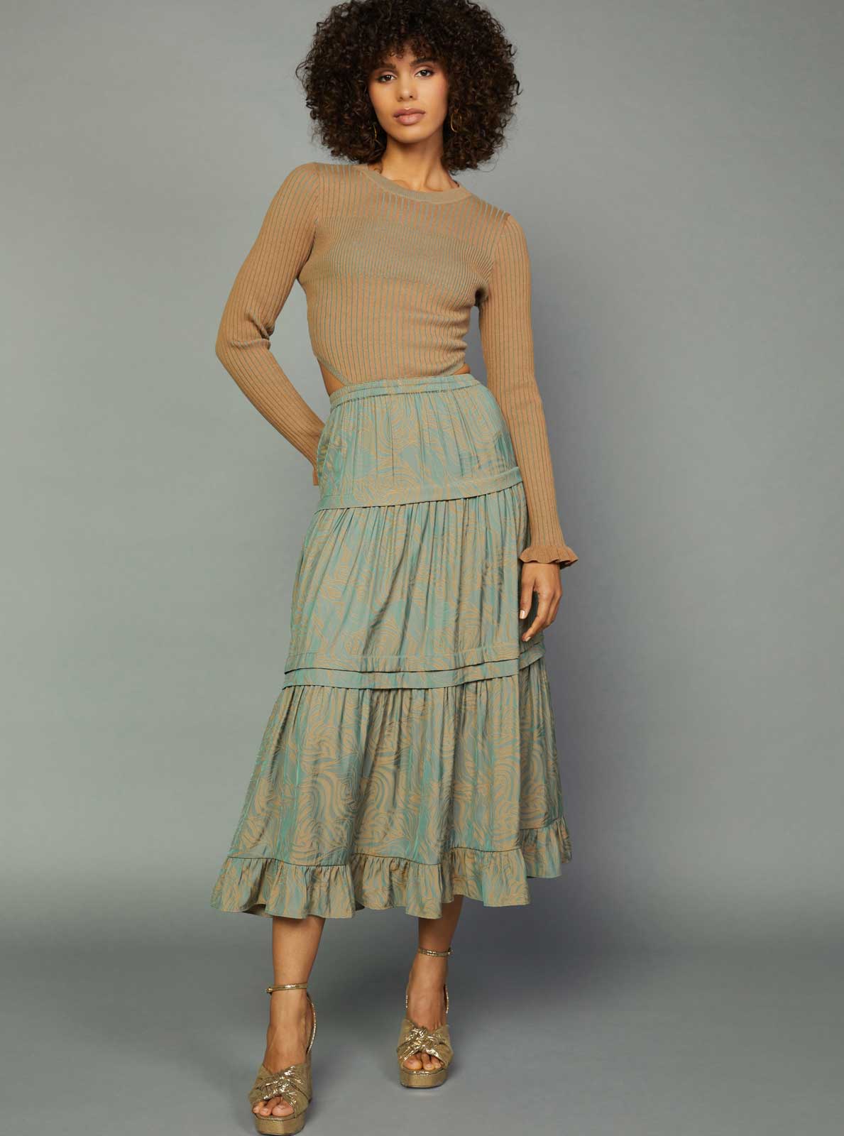 Current Air long sleeve midi dress with ribbed sweater top and tiered skirt