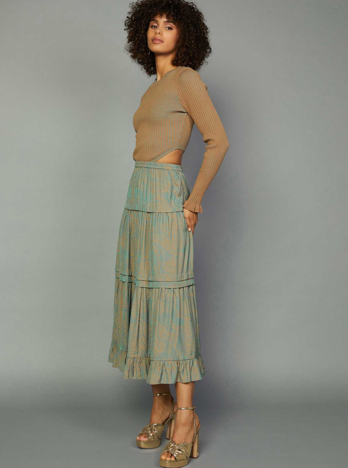 Current Air long sleeve midi dress with ribbed sweater top and tiered skirt