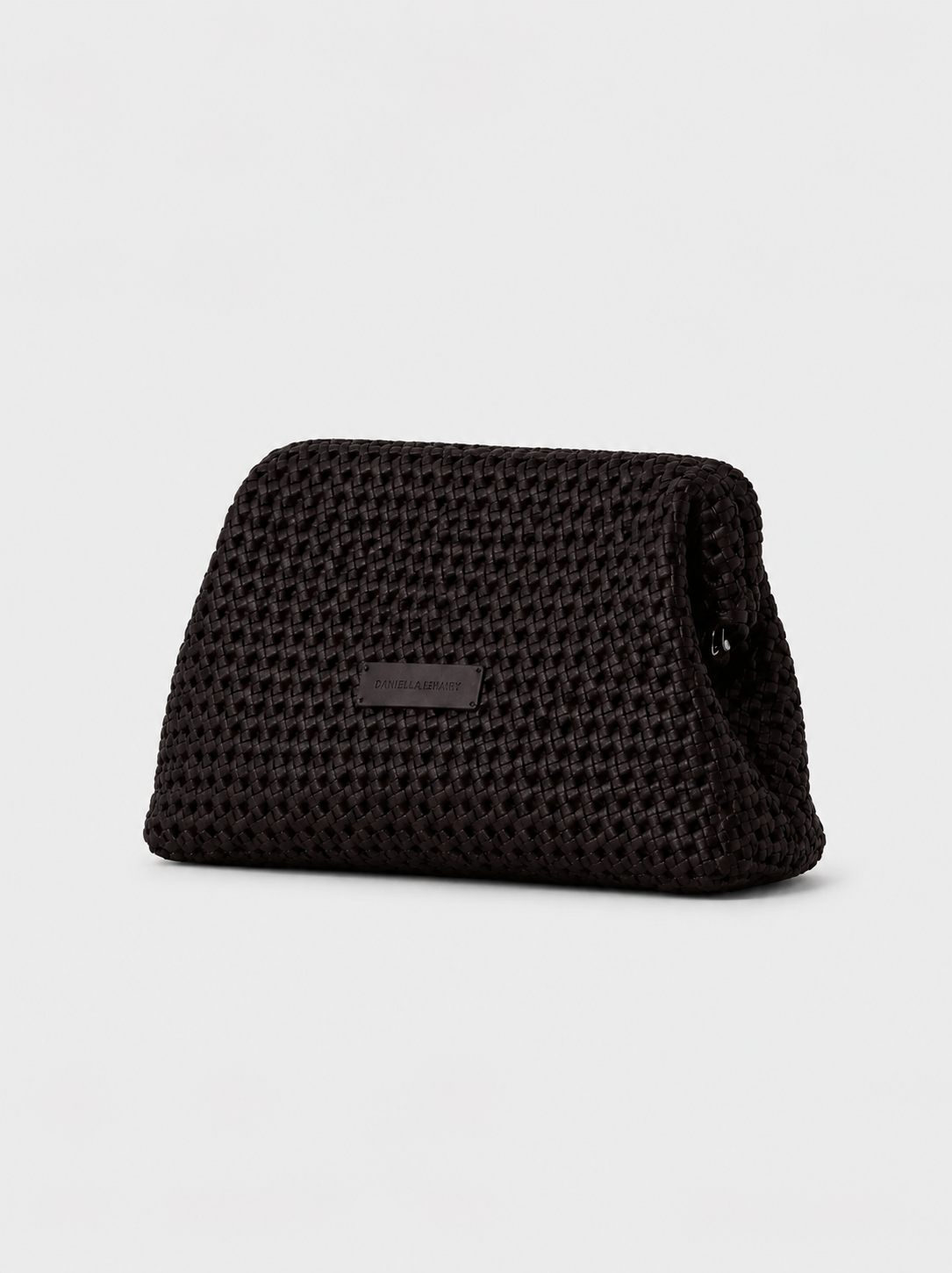 Daniella Lehavi Vivian Maxi Convertible Clutch in chocolate woven leather, angled view.