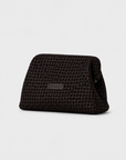 Daniella Lehavi Vivian Maxi Convertible Clutch in chocolate woven leather, angled view.
