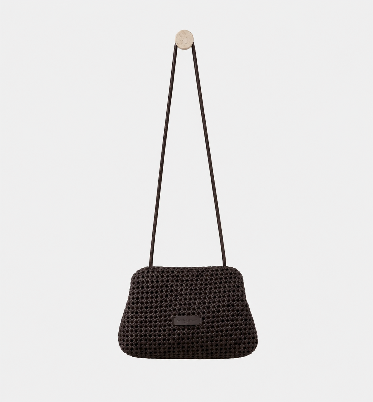 Daniella Lehavi Vivian Maxi Convertible Clutch in chocolate woven leather shown with the convertible shoulder strap.