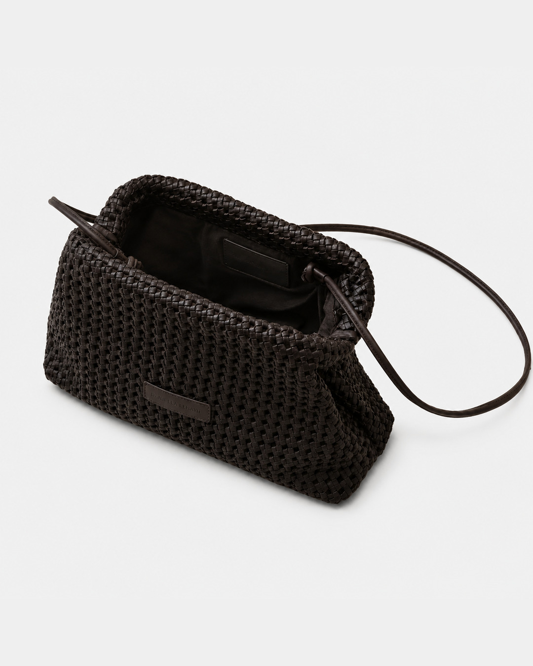 Daniella Lehavi Vivian Maxi Convertible Clutch in chocolate woven leather, open interior view with convertible shoulder strap.