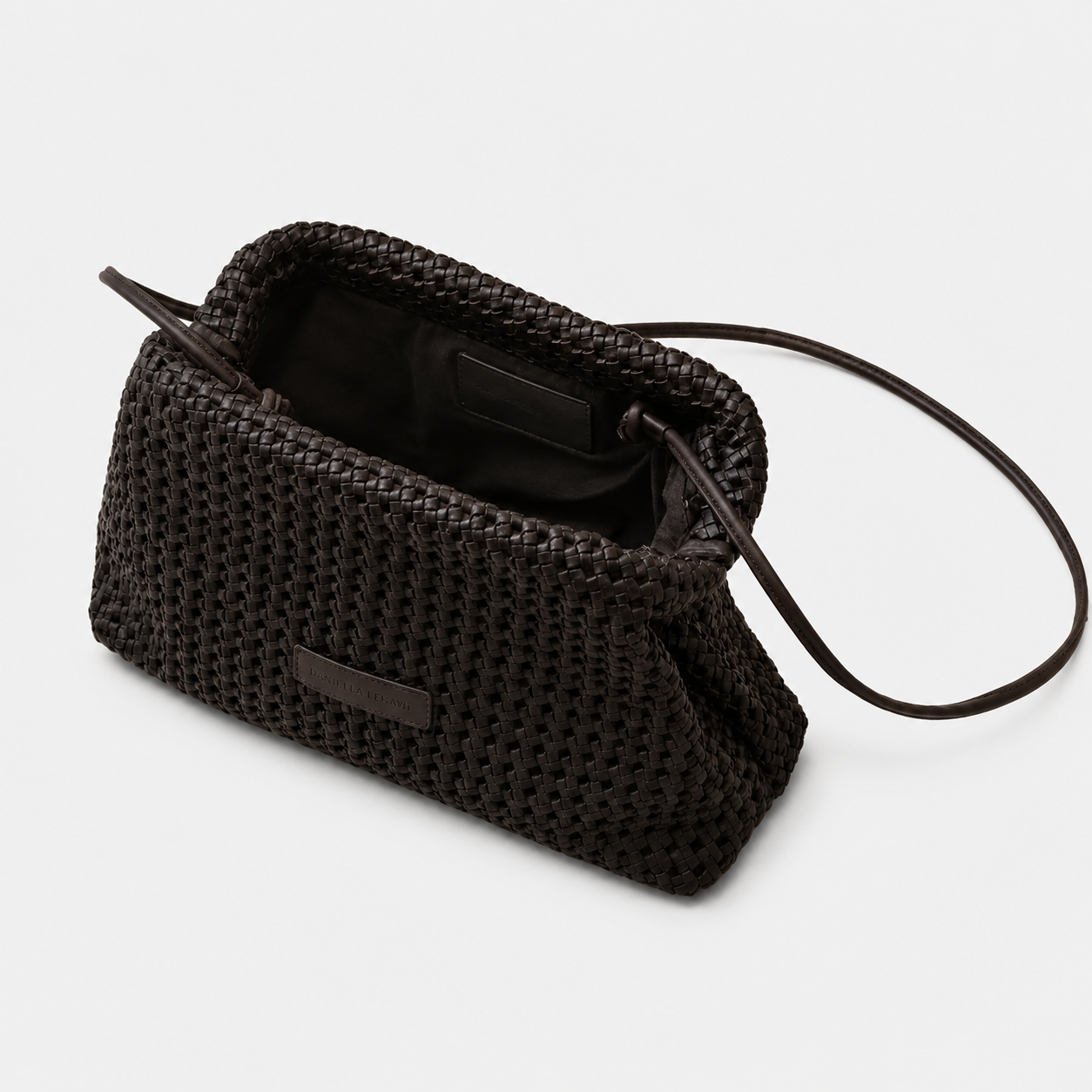 Daniella Lehavi Vivian Maxi Convertible Clutch in chocolate woven leather, open interior view with convertible shoulder strap.