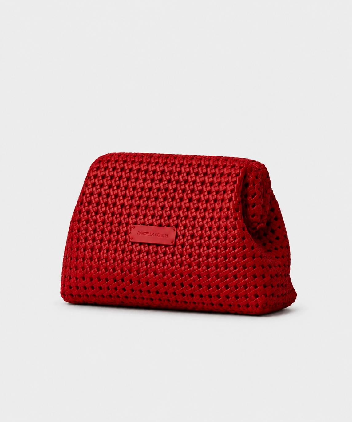 Daniella Lehavi Vivian Maxi Convertible Clutch in red, angled view showing woven texture