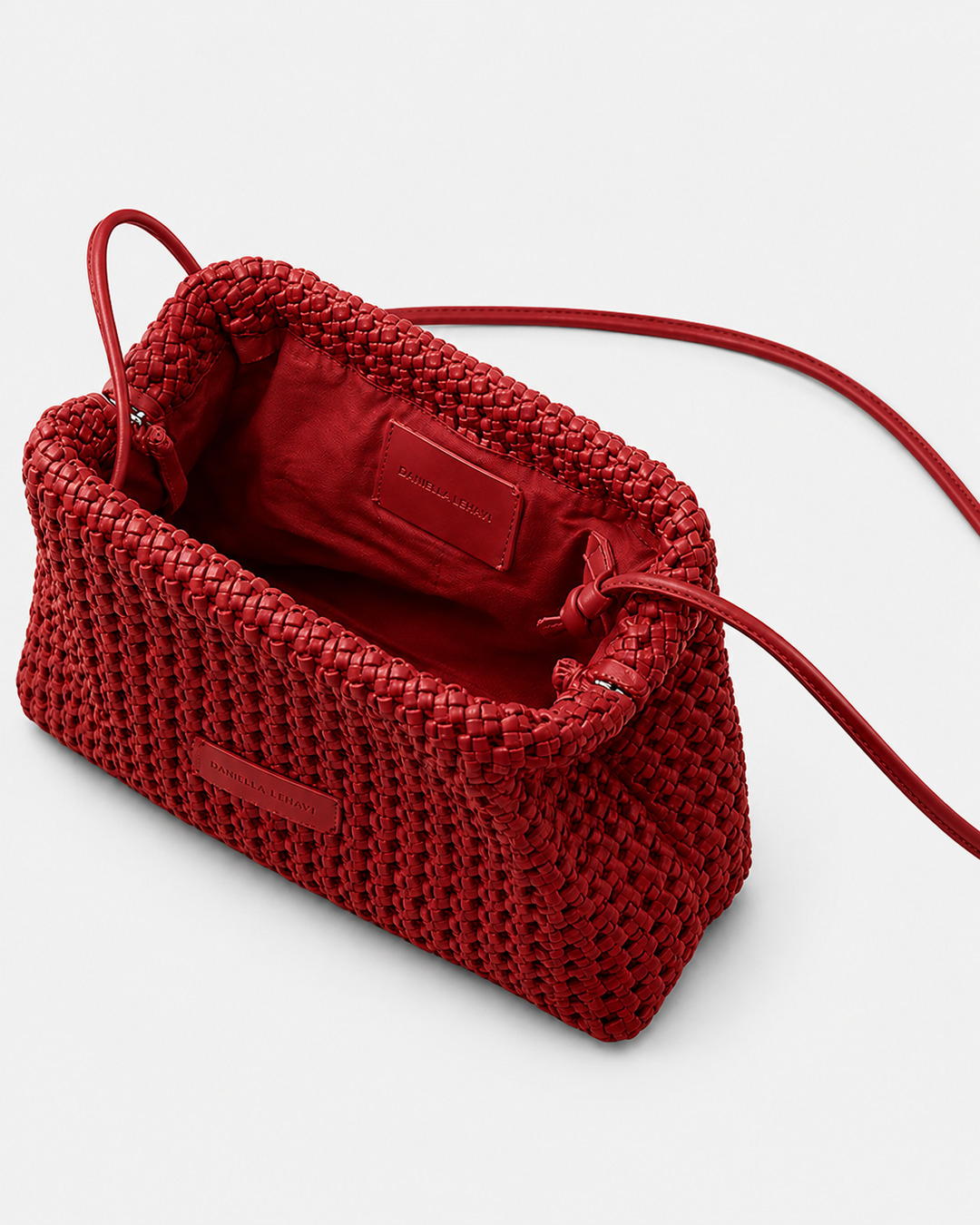 Daniella Lehavi Vivian Maxi Convertible Clutch in red, open interior view with shoulder strap