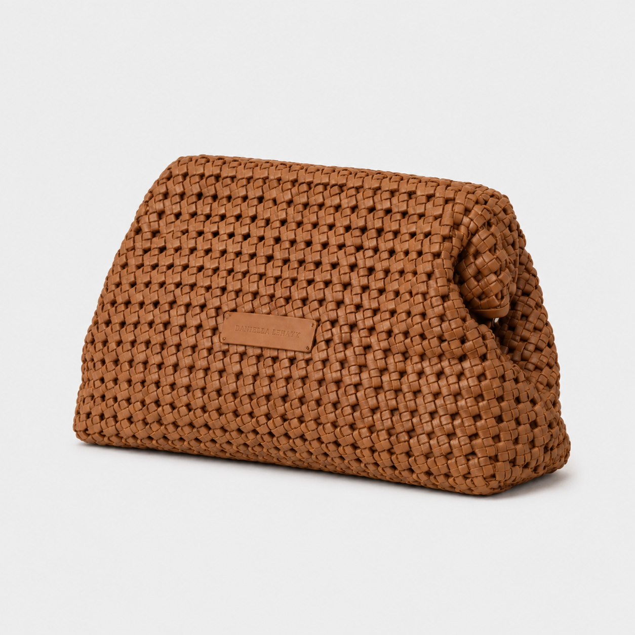 Daniella Lehavi Vivian Maxi Convertible Clutch in tan, angled view showing woven texture