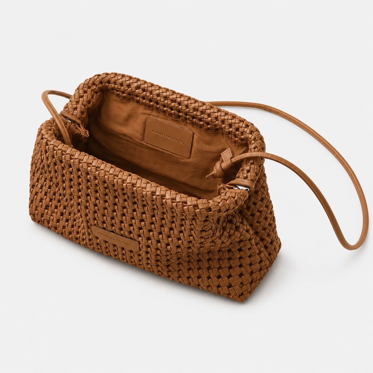 Daniella Lehavi Vivian Maxi Convertible Clutch in tan, interior view with shoulder strap