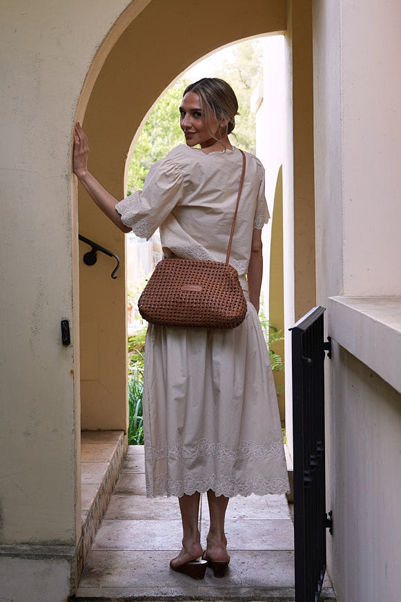 Model Wearing Daniella Lehavi Vivian Maxi Convertible Clutch Tan