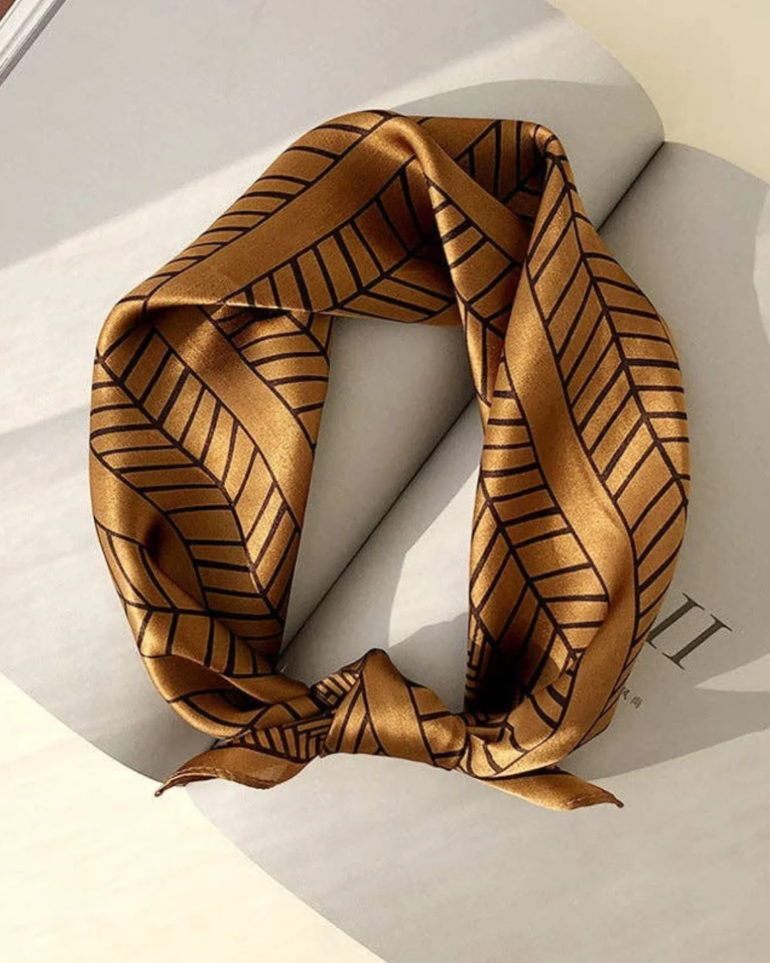 Deco caramel mulberry silk scarf styled around the neck