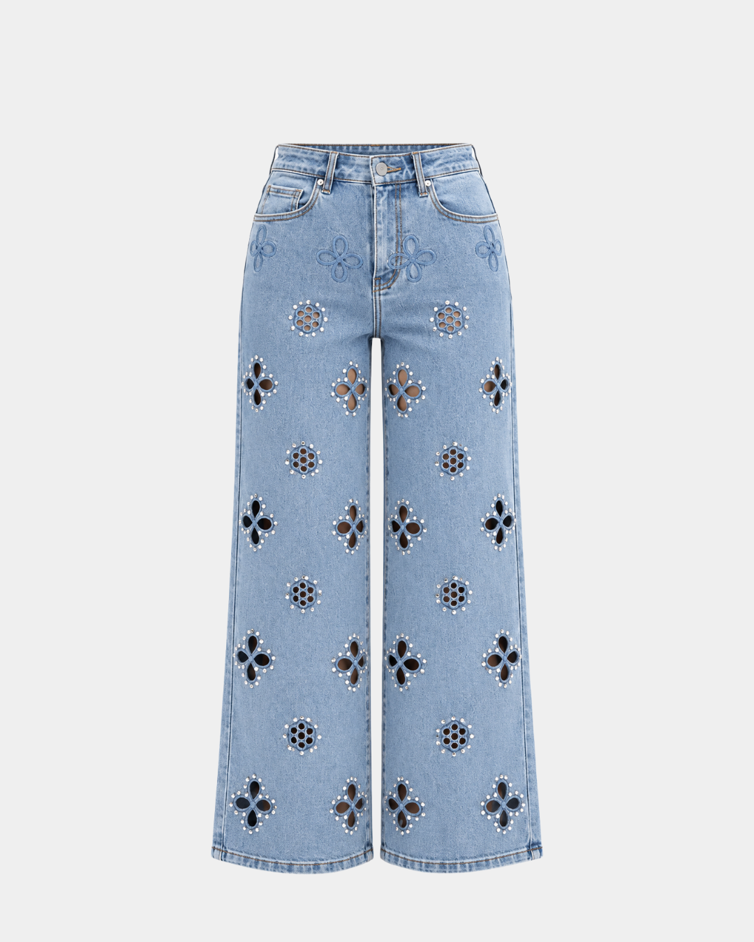 BAYEAS light-wash straight-leg jeans with floral cutouts and pearl details, front view