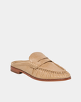 Front three-quarter view of the Dolce Vita Betzy Loafers in crème embossed suede showcasing the embossed suede texture, penny loafer vamp, and slip-on mule design.