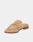 Three-quarter view of the Dolce Vita Betzy Loafers in crème embossed suede highlighting the ruched moc toe, textured suede finish, and low stacked heel.