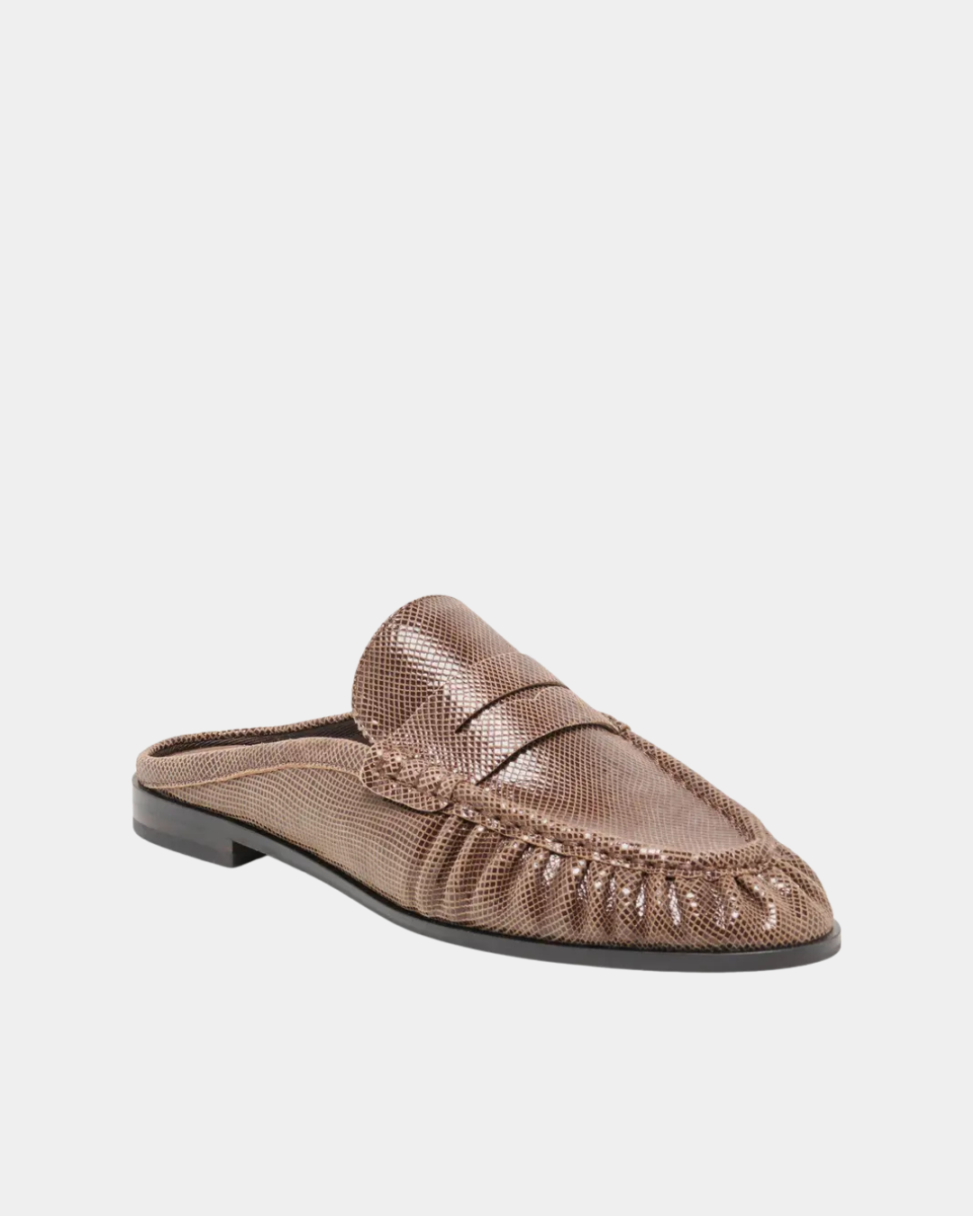 Front three-quarter view of the Dolce Vita Betzy Loafer in brown embossed suede with ruched moc toe and penny loafer detail.