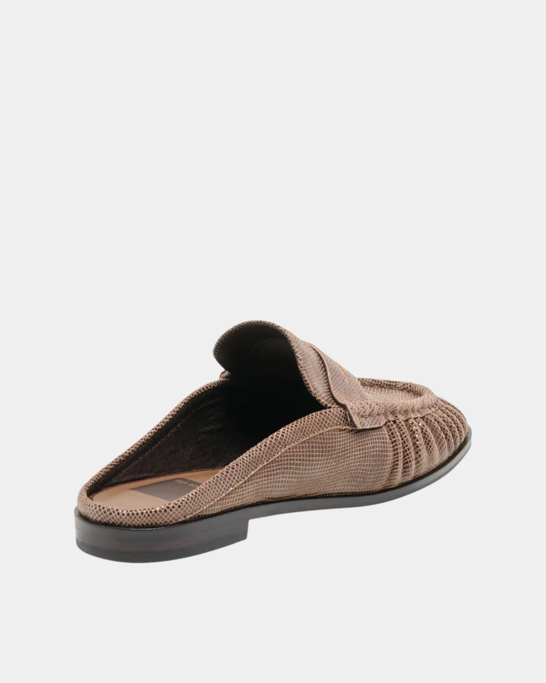 Rear three-quarter view of the Dolce Vita Betzy Loafer in brown embossed suede showing the backless mule silhouette.