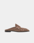 Side view of the Dolce Vita Betzy Loafer in brown embossed suede with ruched detailing and low stacked heel.